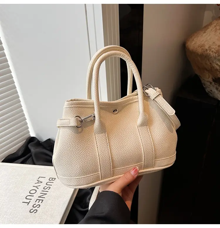 White Leather Hand-Carrying Bucket Bag for Women — feature 43