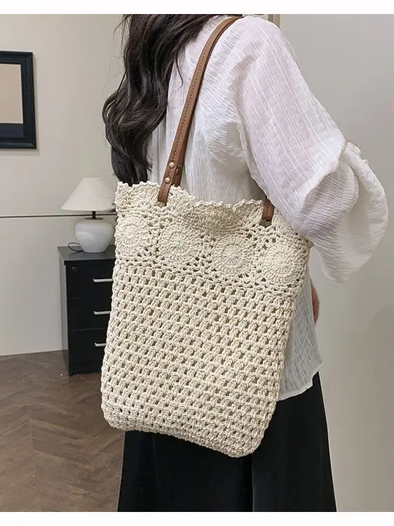 Women's Crossbody Bag with Hollow Design, White Woven, Large Capacity - Image 5