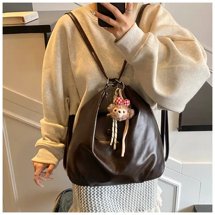 Women's Retro Brown Shoulder Bag with Keychain — feature 22
