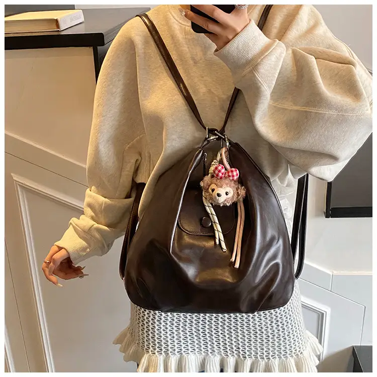 Women's Retro Brown Shoulder Bag with Keychain — feature 23