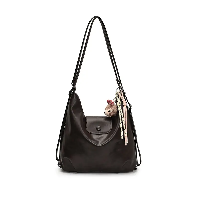 Women's Retro Brown Shoulder Bag with Keychain - Image 6