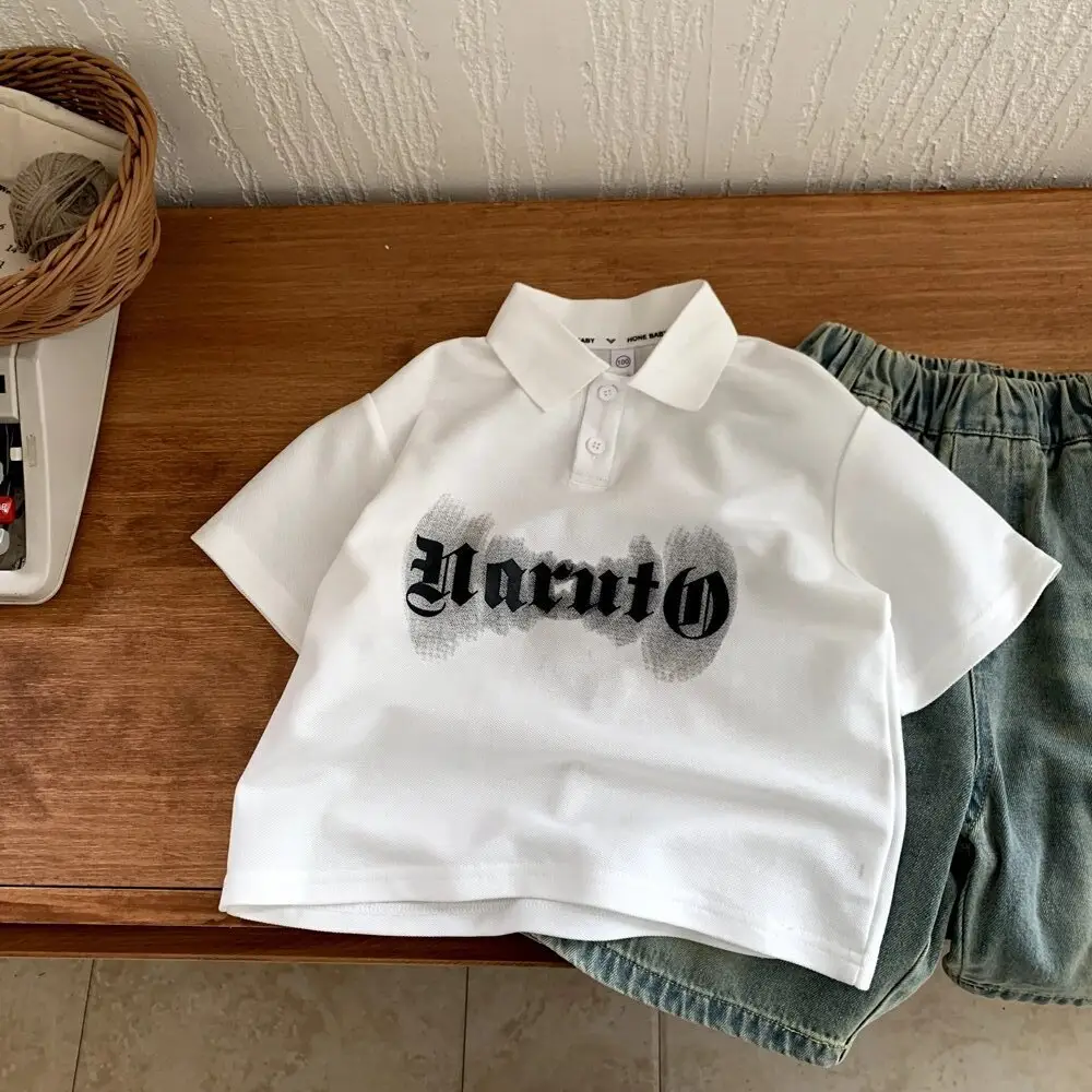 White Cartoon Letter Polo Shirt for Boys Cotton Short Sleeve