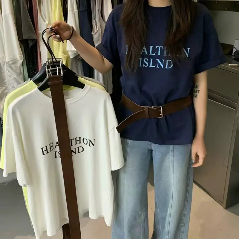 2025 Women Korean Letter Printed T-Shirt Set with Belt