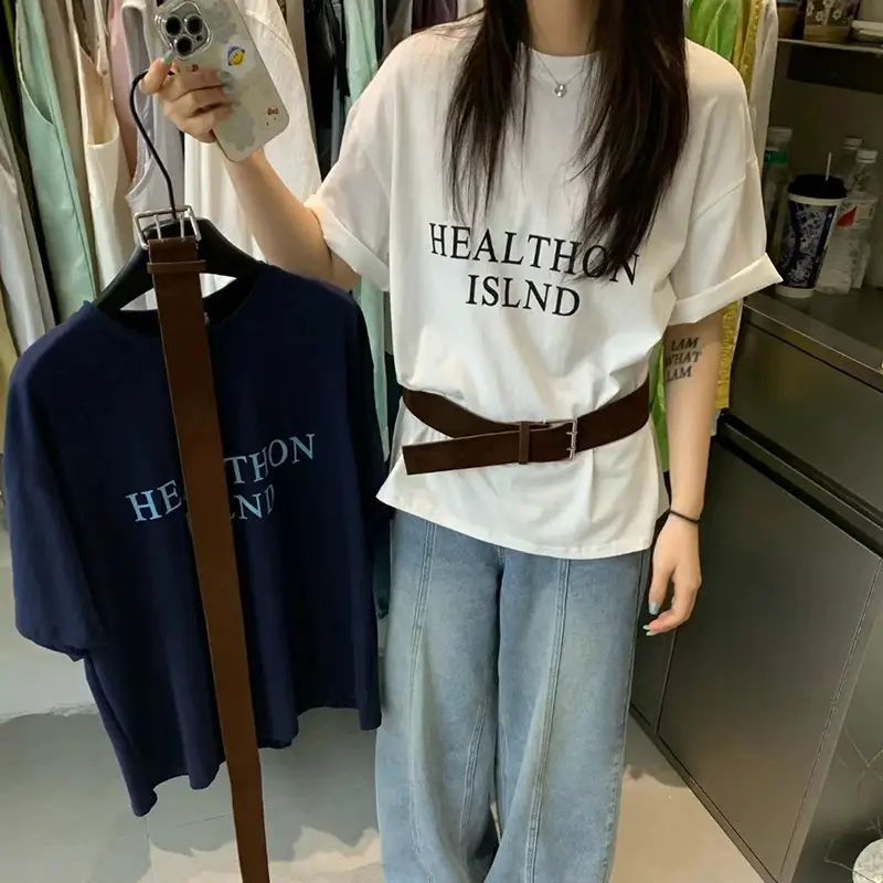 2025 Women Korean Letter Printed T-Shirt Set with Belt