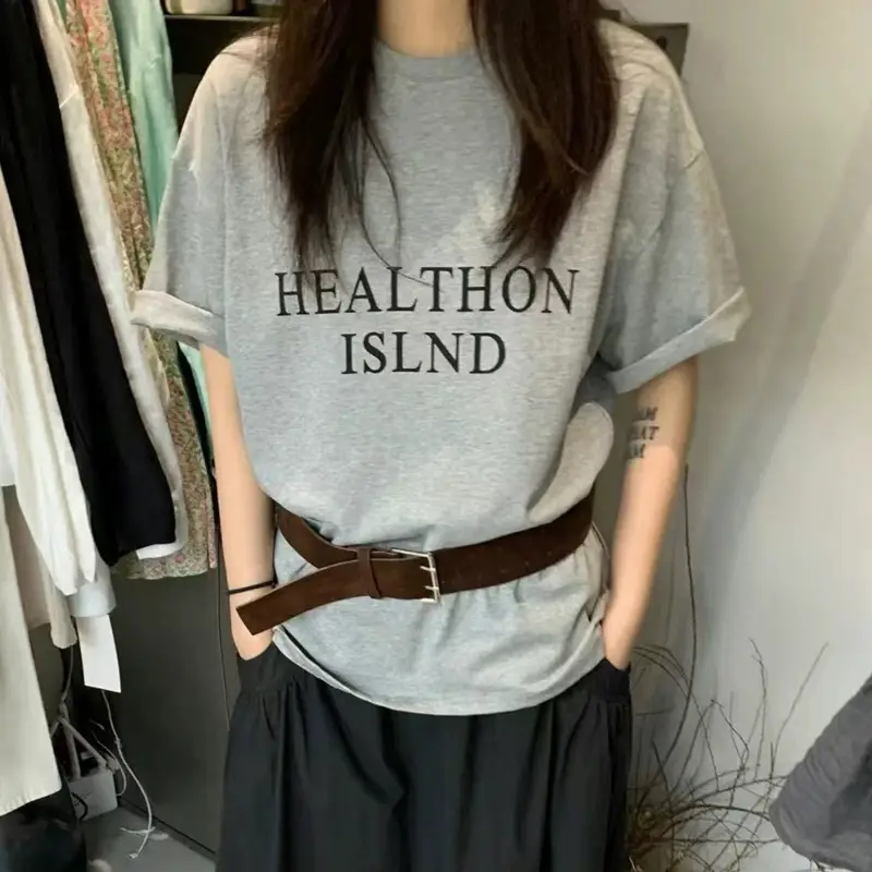 2025 Women Korean Letter Printed T-Shirt Set with Belt