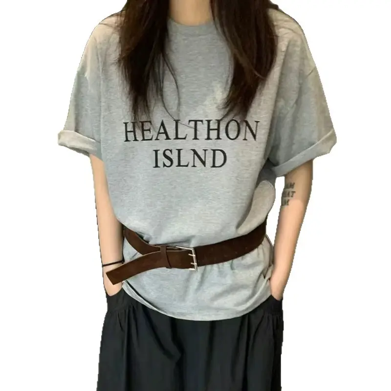 2025 Women Korean Letter Printed T-Shirt Set with Belt