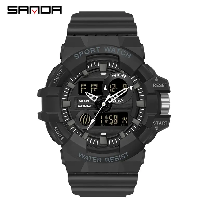 Sanda Black Digital Sport Watch with Water Resistant Dual Display