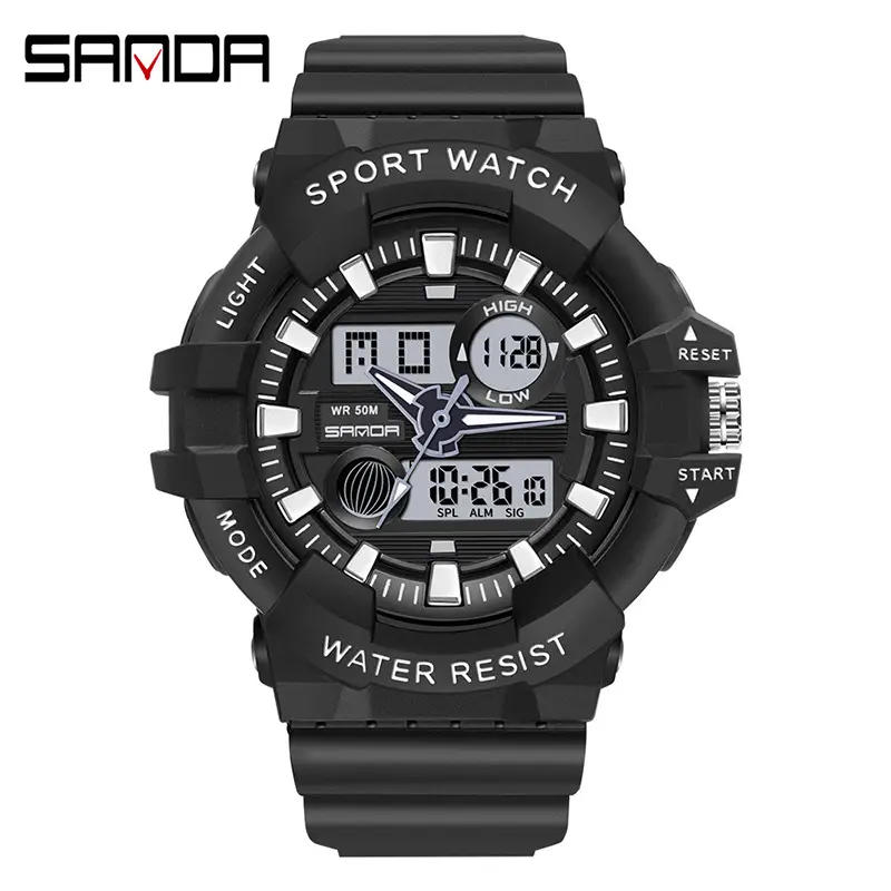 Sanda Black Digital Sport Watch with Water Resistant Dual Display