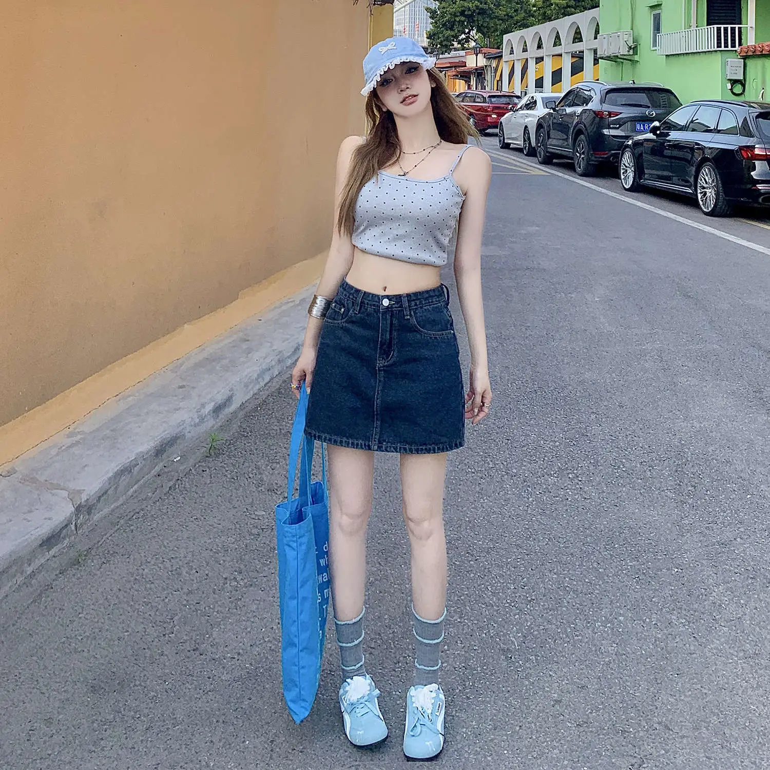 Petite Dark Blue Low Waist Denim Shorts Set