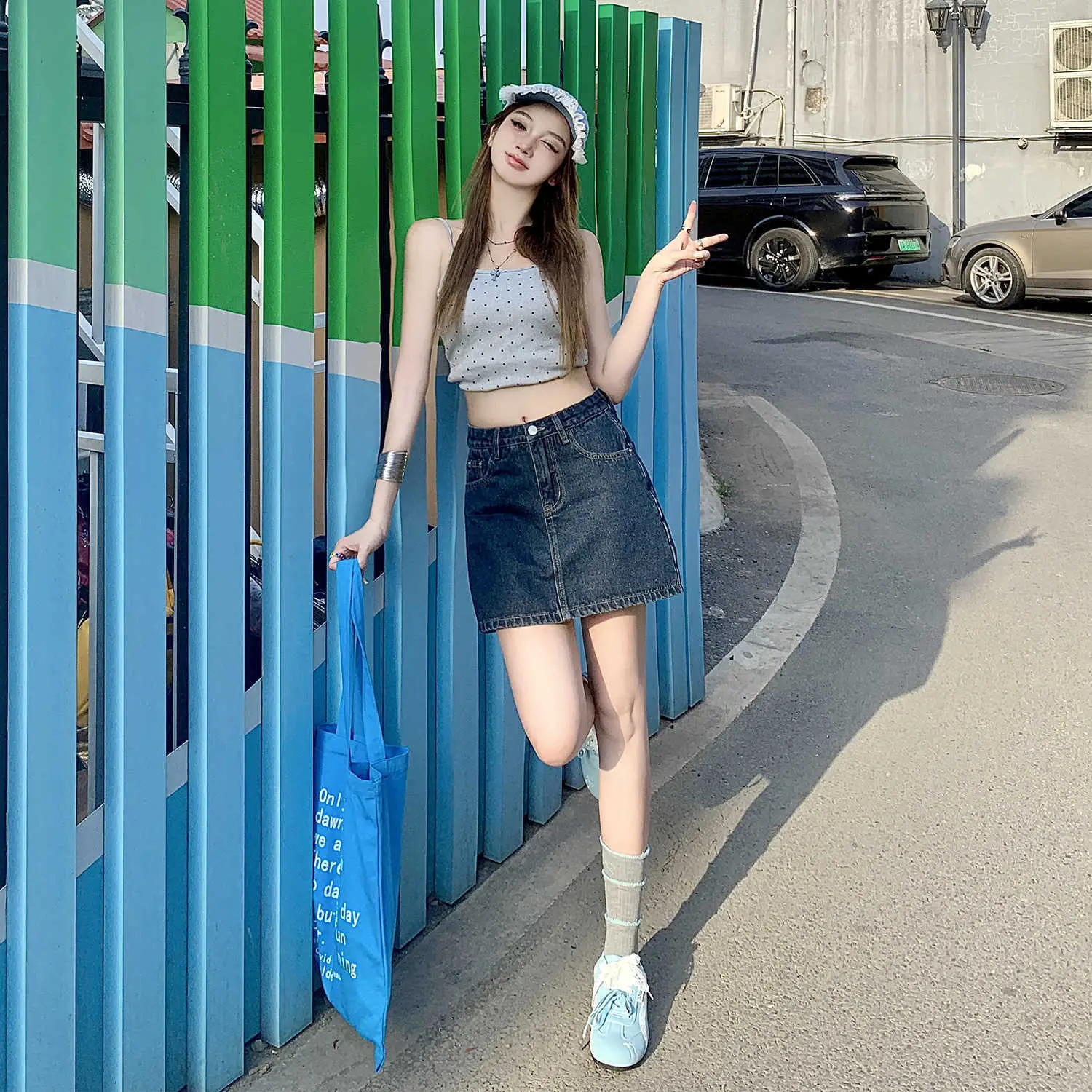 Petite Dark Blue Low Waist Denim Shorts Set