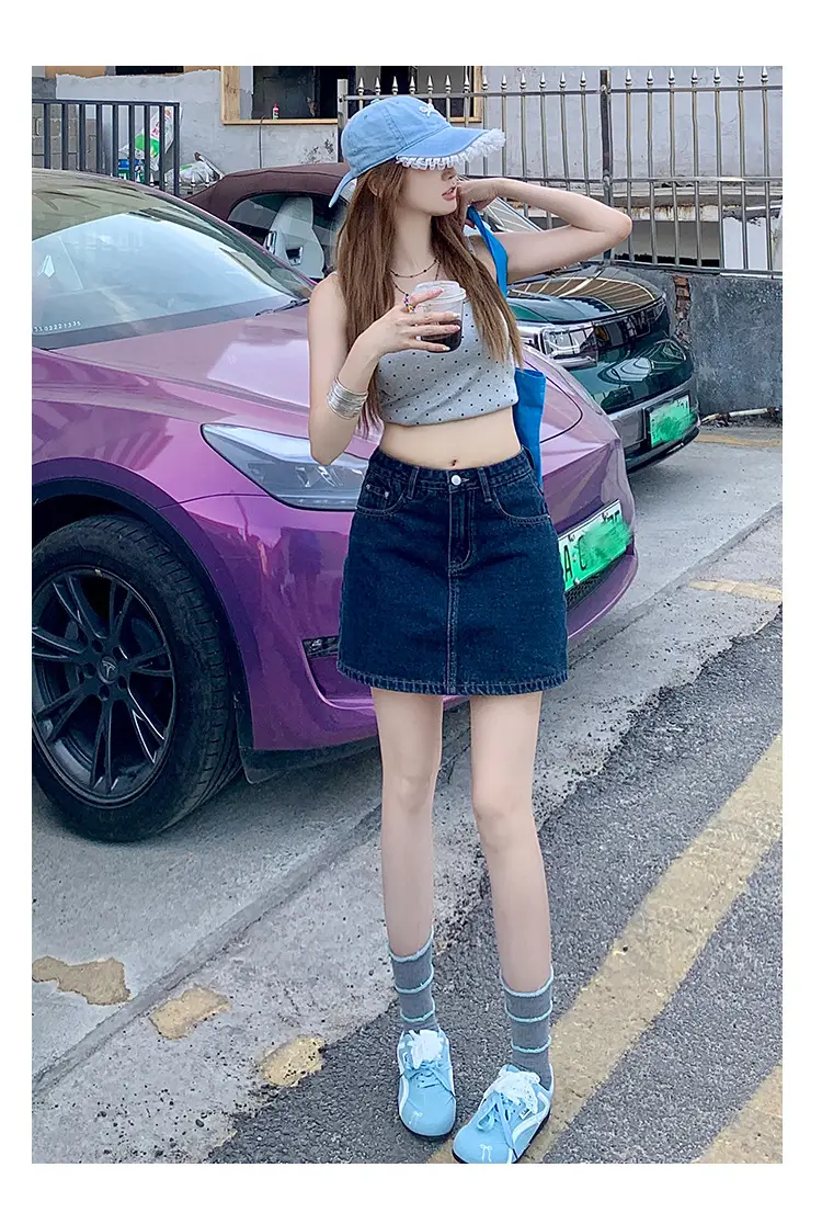 Petite Dark Blue Low Waist Denim Shorts Set — feature 10