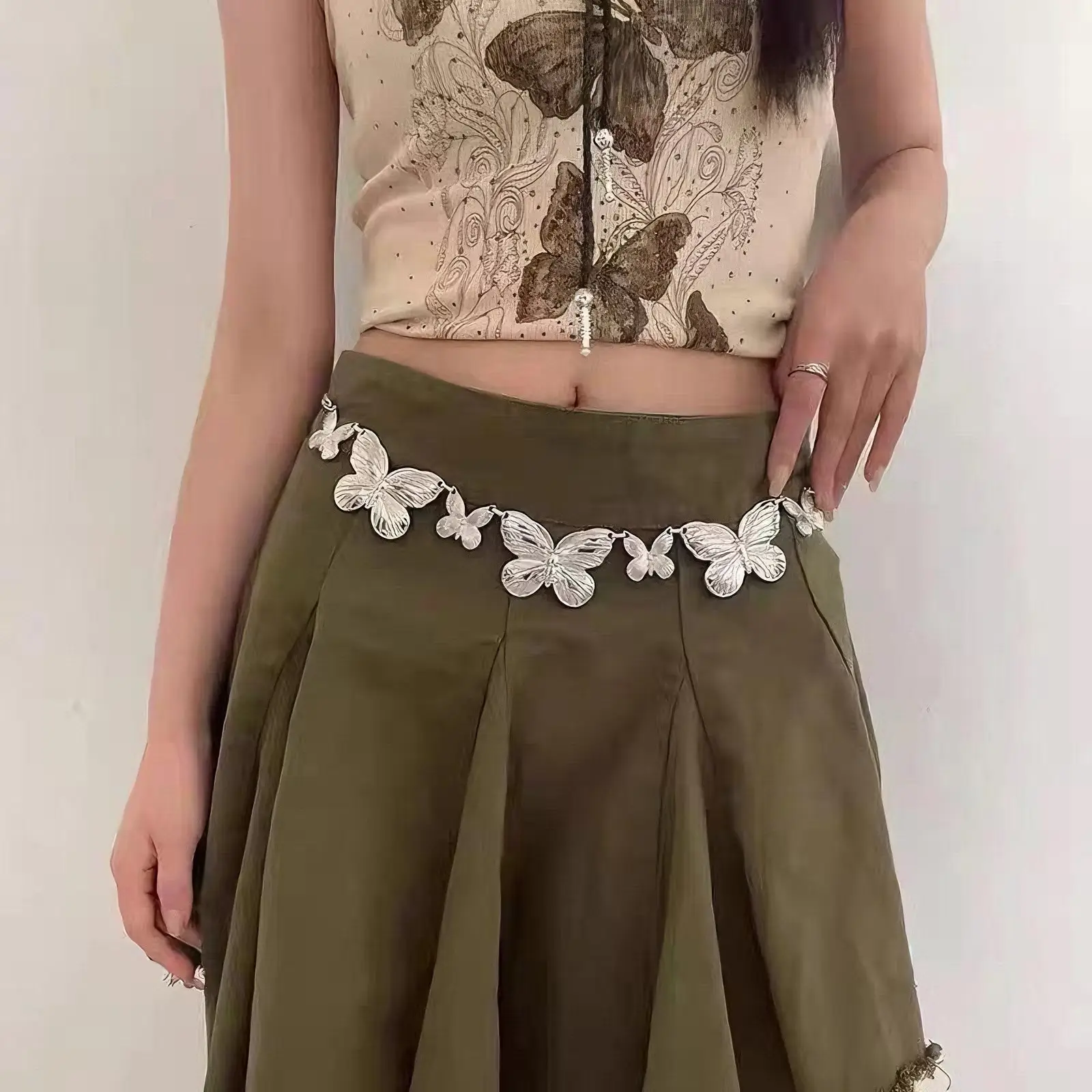 Women Retro Bohemian Skirt with Butterfly Belt