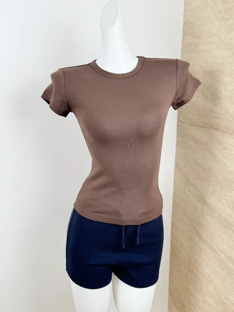 Spot American Style Right Shoulder Sports Short-Sleeved Slim Bottoming Top Round Neck Summer Elastic Skin-Fribottomly Cotton T-Shirt — feature 14