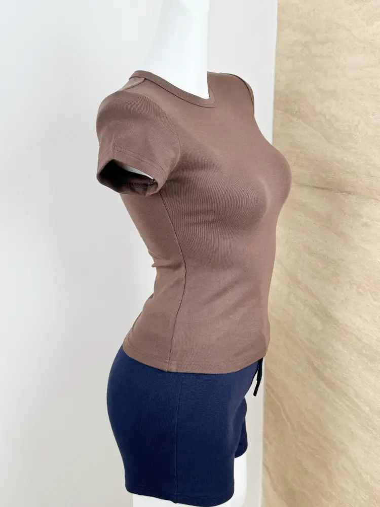 Spot American Style Right Shoulder Sports Short-Sleeved Slim Bottoming Top Round Neck Summer Elastic Skin-Fribottomly Cotton T-Shirt — feature 16