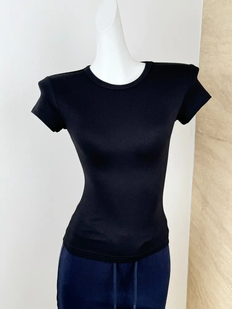 Spot American Style Right Shoulder Sports Short-Sleeved Slim Bottoming Top Round Neck Summer Elastic Skin-Fribottomly Cotton T-Shirt — feature 18