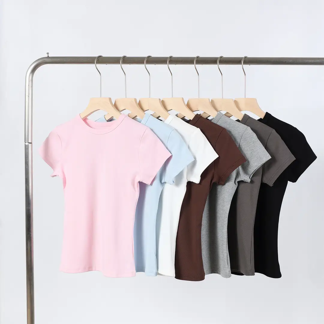 Spot American Style Right Shoulder Sports Short-Sleeved Slim Bottoming Top Round Neck Summer Elastic Skin-Fribottomly Cotton T-Shirt — feature 2