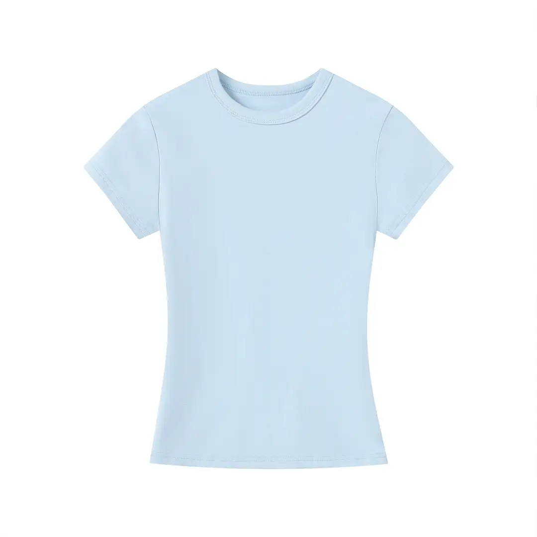 Spot American Style Right Shoulder Sports Short-Sleeved Slim Bottoming Top Round Neck Summer Elastic Skin-Fribottomly Cotton T-Shirt — feature 21