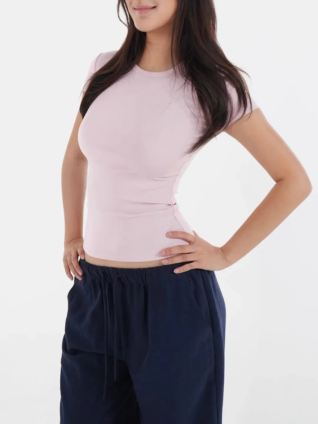 Spot American Style Right Shoulder Sports Short-Sleeved Slim Bottoming Top Round Neck Summer Elastic Skin-Fribottomly Cotton T-Shirt — feature 33