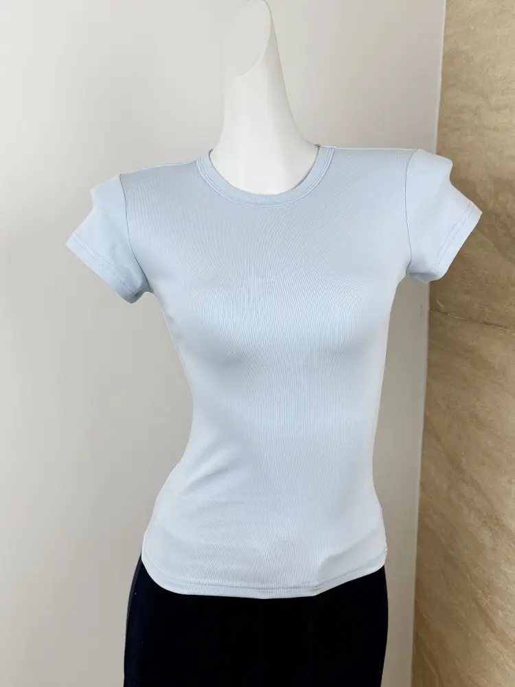 Spot American Style Right Shoulder Sports Short-Sleeved Slim Bottoming Top Round Neck Summer Elastic Skin-Fribottomly Cotton T-Shirt — feature 7