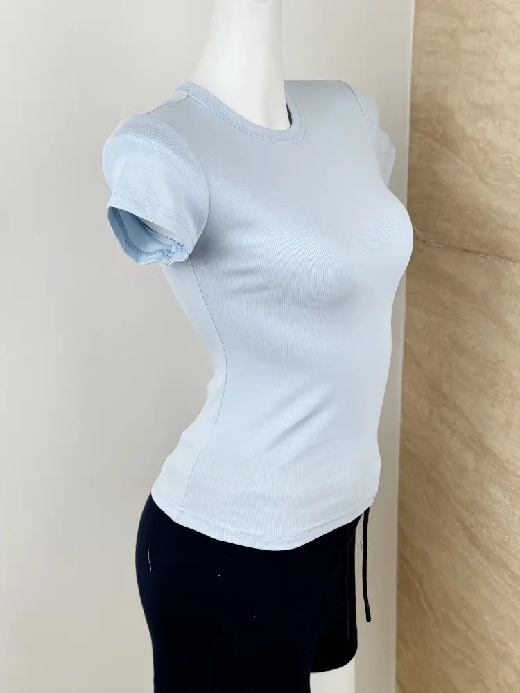 Spot American Style Right Shoulder Sports Short-Sleeved Slim Bottoming Top Round Neck Summer Elastic Skin-Fribottomly Cotton T-Shirt — feature 8