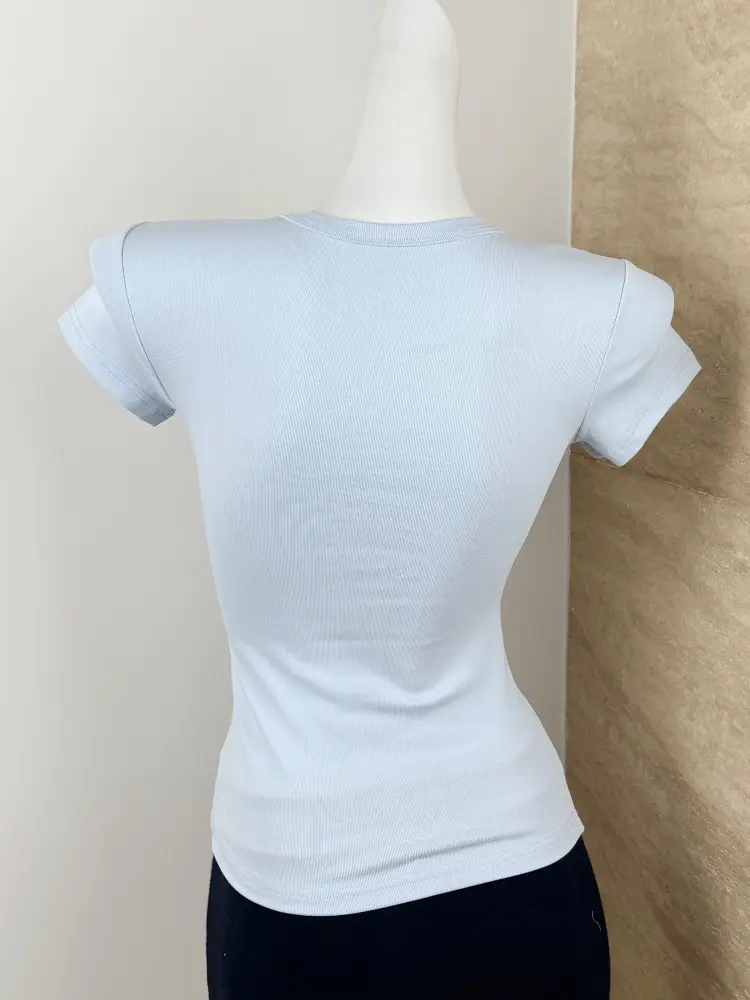 Spot American Style Right Shoulder Sports Short-Sleeved Slim Bottoming Top Round Neck Summer Elastic Skin-Fribottomly Cotton T-Shirt — feature 9