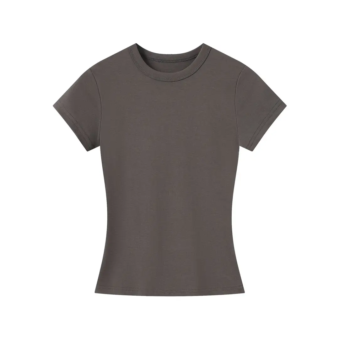 Spot American Style Right Shoulder Sports Short-Sleeved Slim Bottoming Top Round Neck Summer Elastic Skin-Fribottomly Cotton T-Shirt