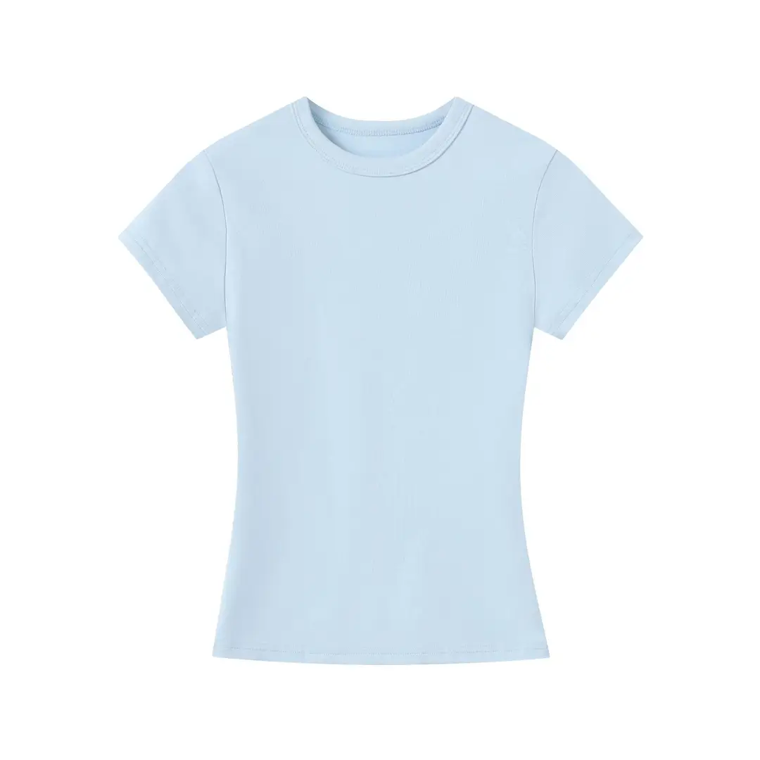 Spot American Style Right Shoulder Sports Short-Sleeved Slim Bottoming Top Round Neck Summer Elastic Skin-Fribottomly Cotton T-Shirt