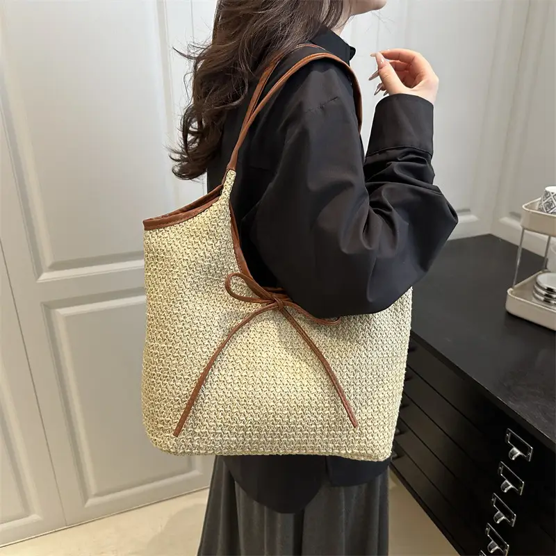 Women Straw Bow Bag Large Capacity Casual Shoulder Bag - Image 5