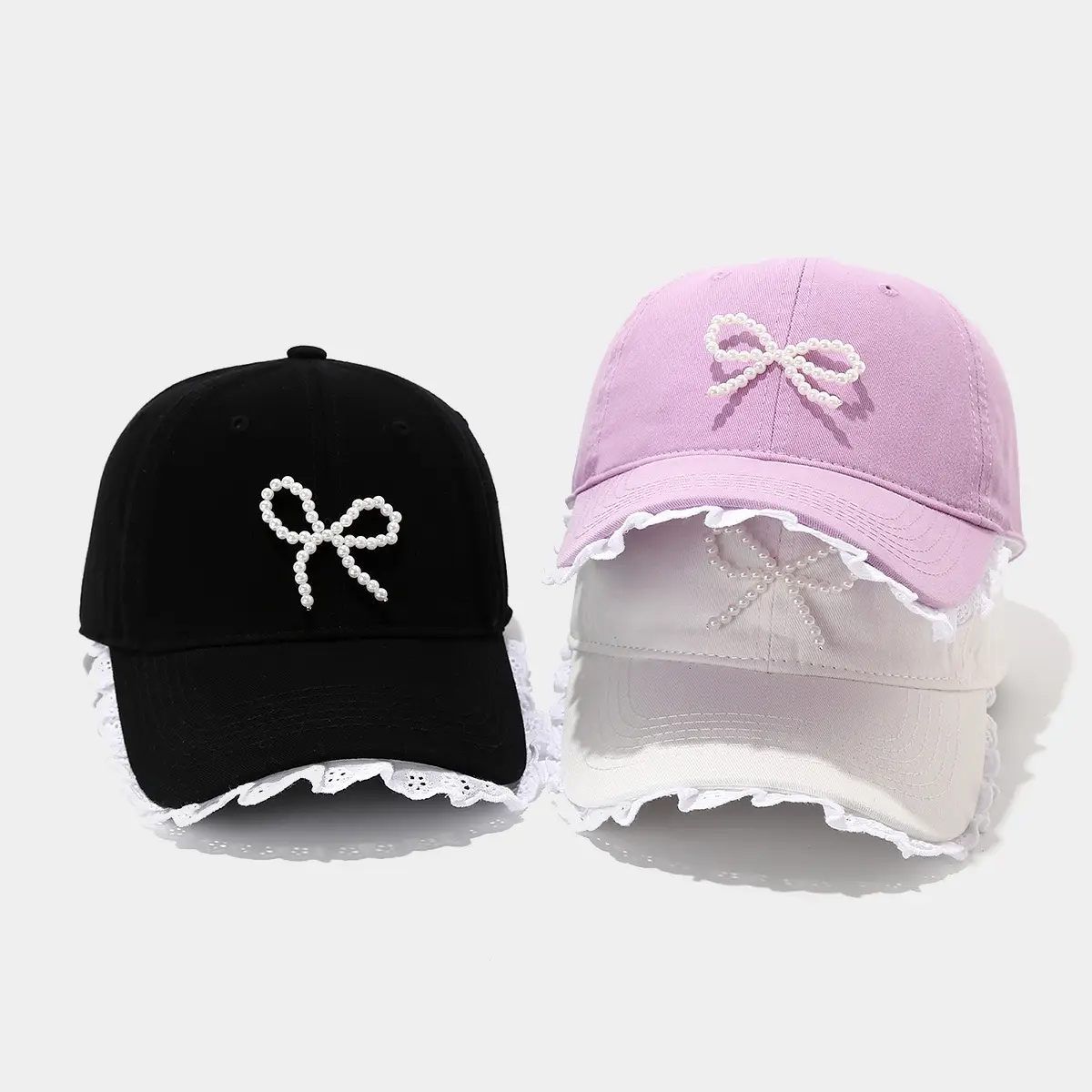Pink Lace Baseball Cap with Pearl Bow for Women