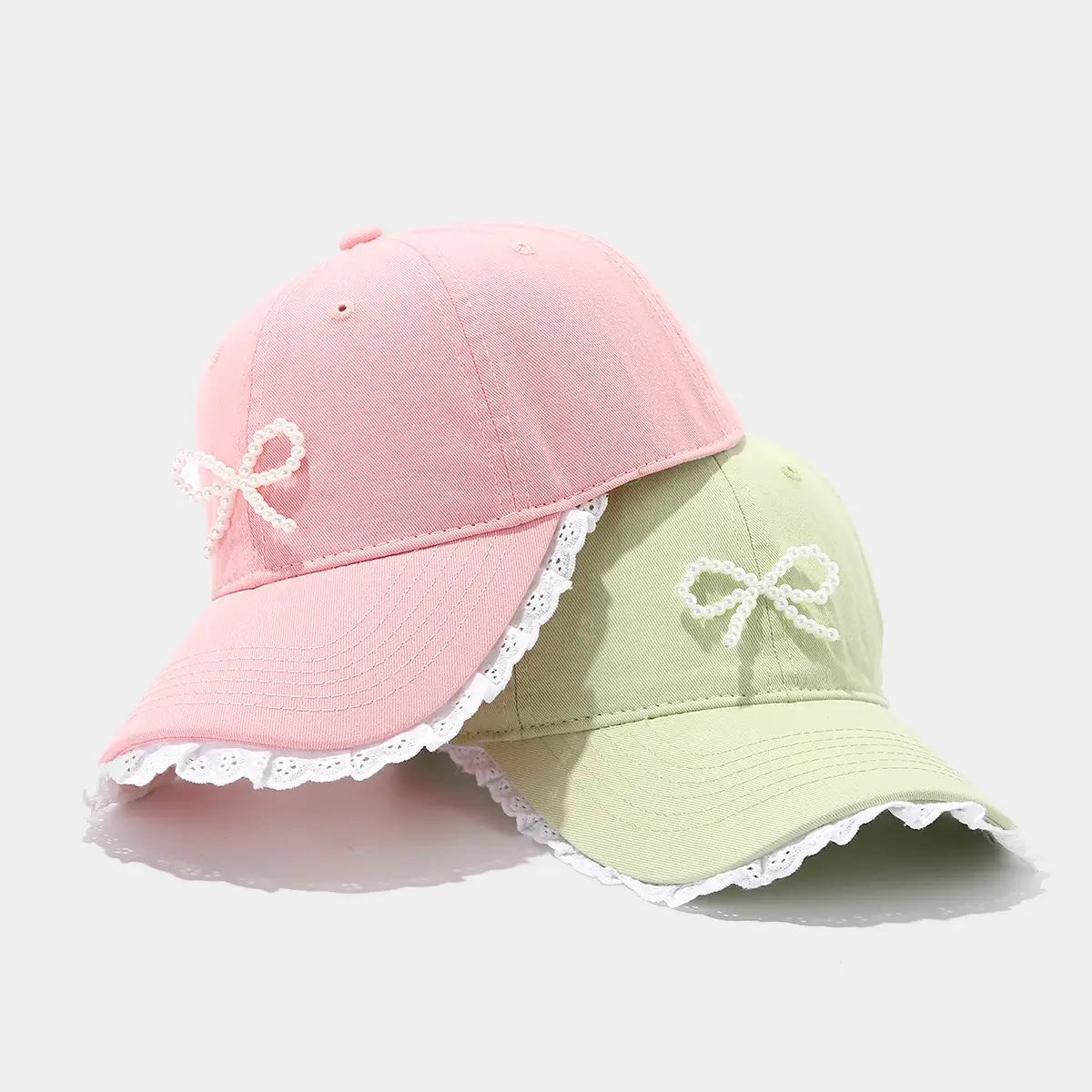 Pink Lace Baseball Cap with Pearl Bow for Women
