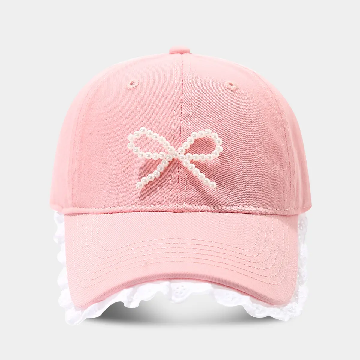 Pink Lace Baseball Cap with Pearl Bow for Women