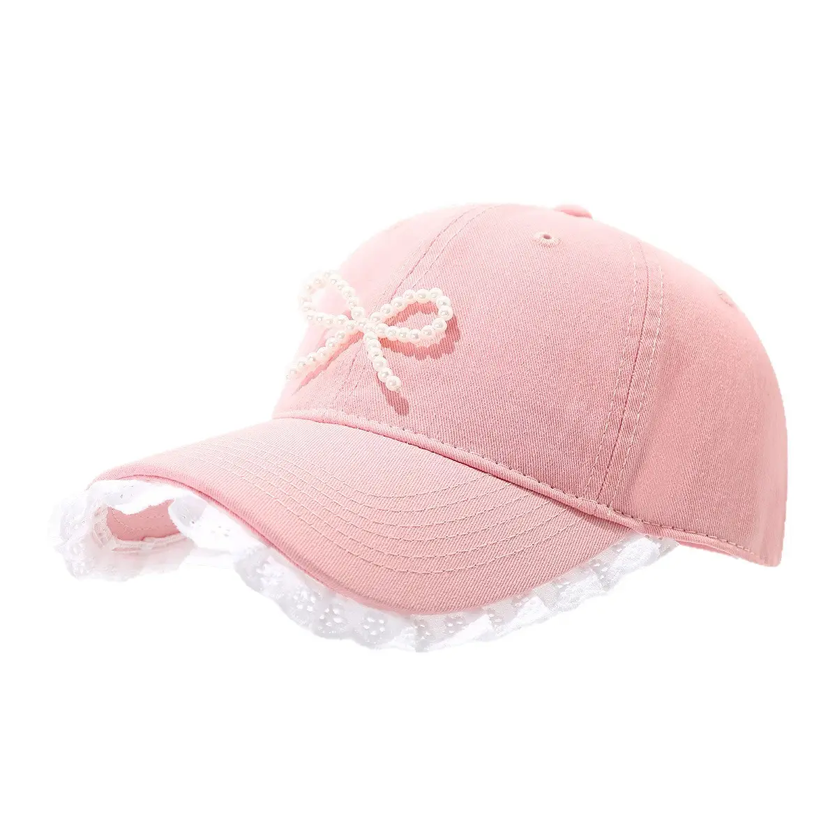 Pink Lace Baseball Cap with Pearl Bow for Women