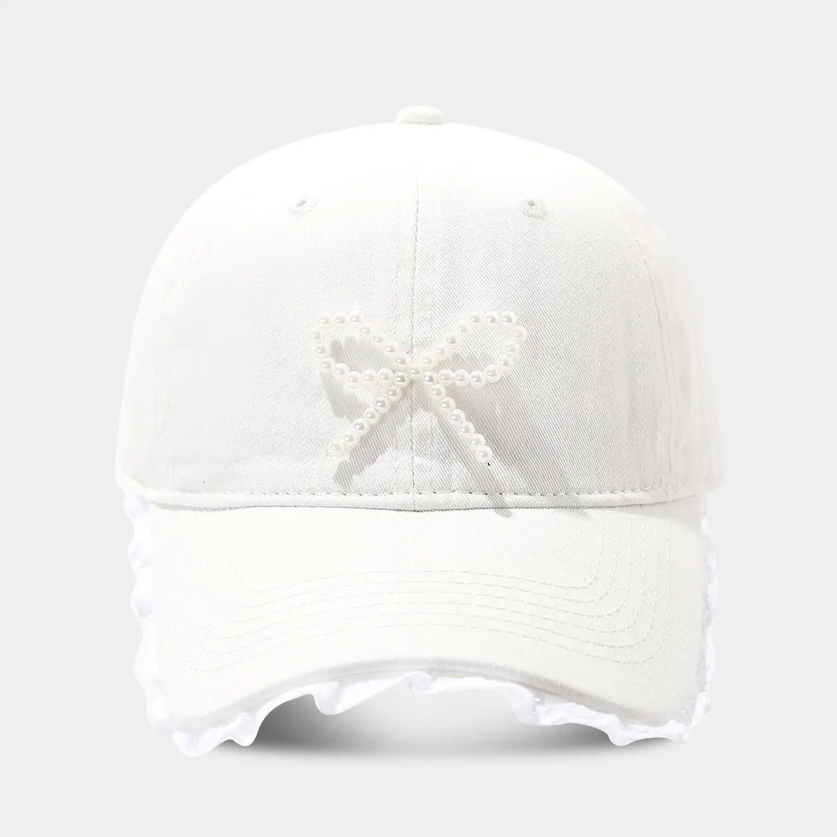 Pink Lace Baseball Cap with Pearl Bow for Women
