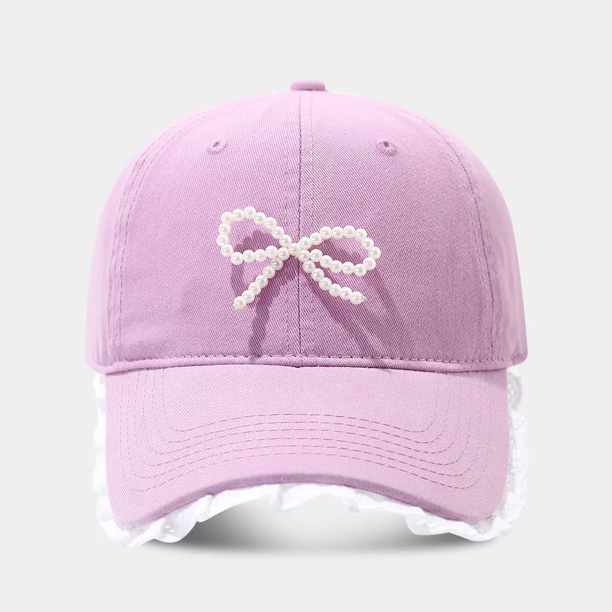 Pink Lace Baseball Cap with Pearl Bow for Women