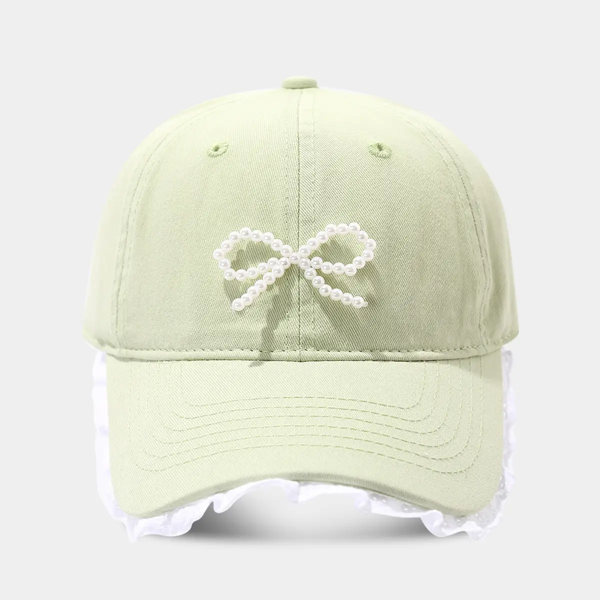 Pink Lace Baseball Cap with Pearl Bow for Women