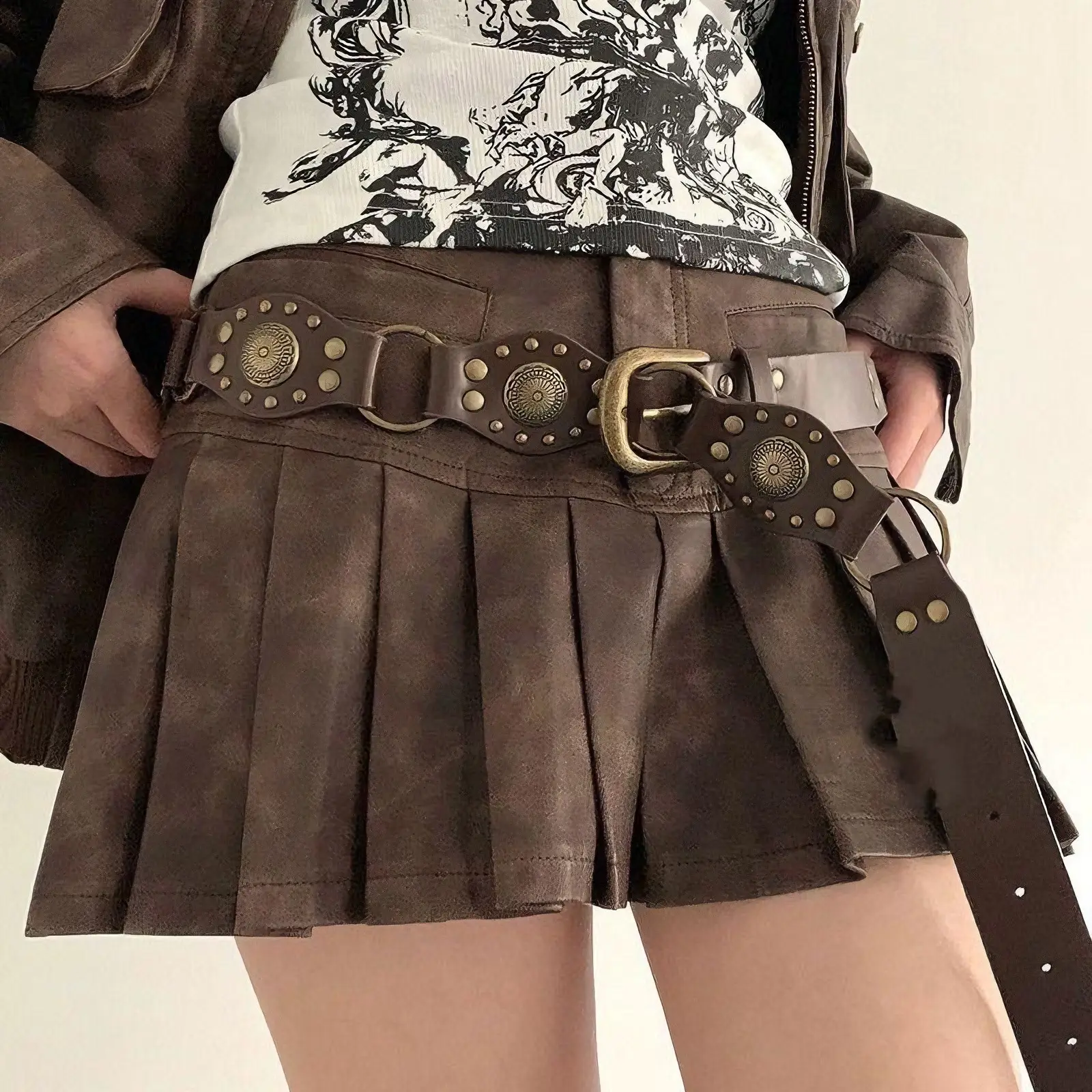 Vintage Belt Spliced Brown Jeans Studded Belt Spicy American Hollow Ins Style Women's Versatile Belt — feature 5