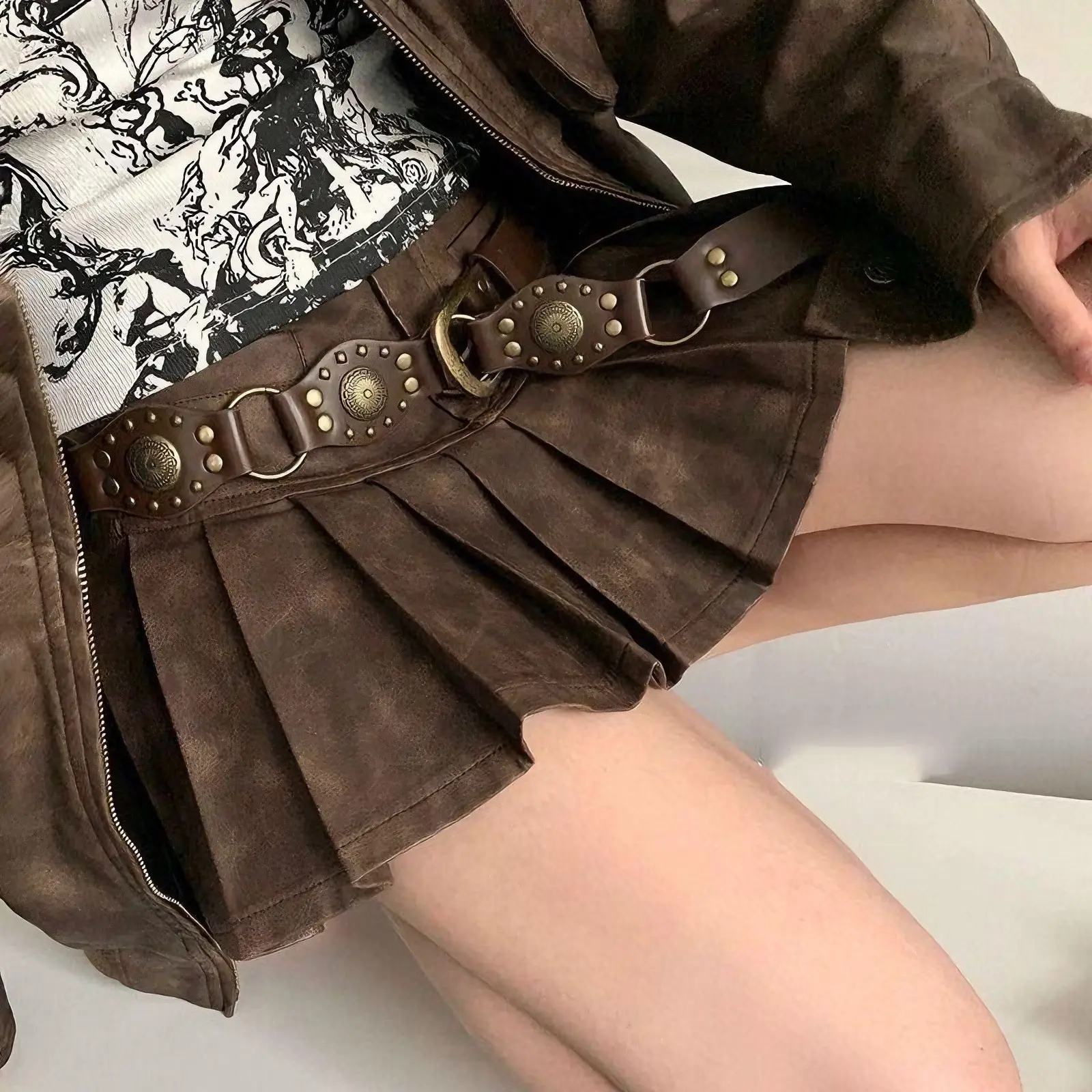 Vintage Belt Spliced Brown Jeans Studded Belt Spicy American Hollow Ins Style Women's Versatile Belt — feature 6
