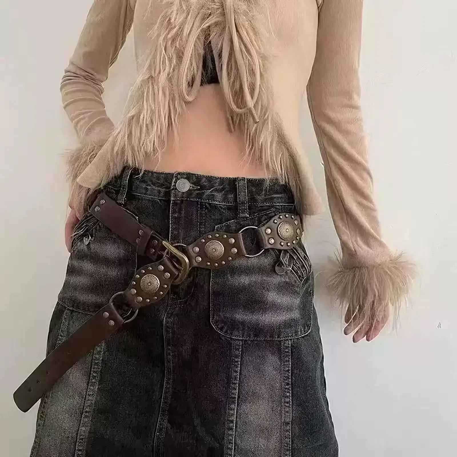 Vintage Belt Spliced Brown Jeans Studded Belt Spicy American Hollow Ins Style Women's Versatile Belt — feature 7
