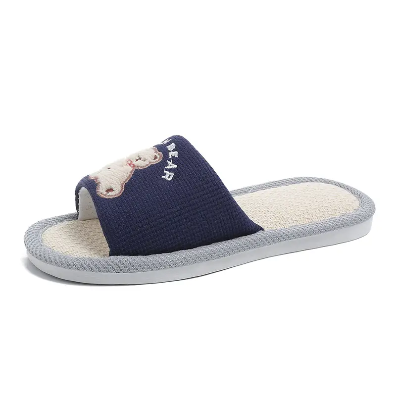 Summer Cartoon Linen Slippers for Men, Spring & Fall Home Indoor Non-Slip Four-Season Cute Bear Cotton and Linen Slippers for Women