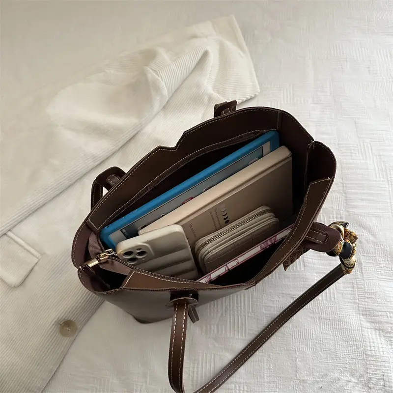Women Large Capacity Shoulder Bag Beige with Silk Bow