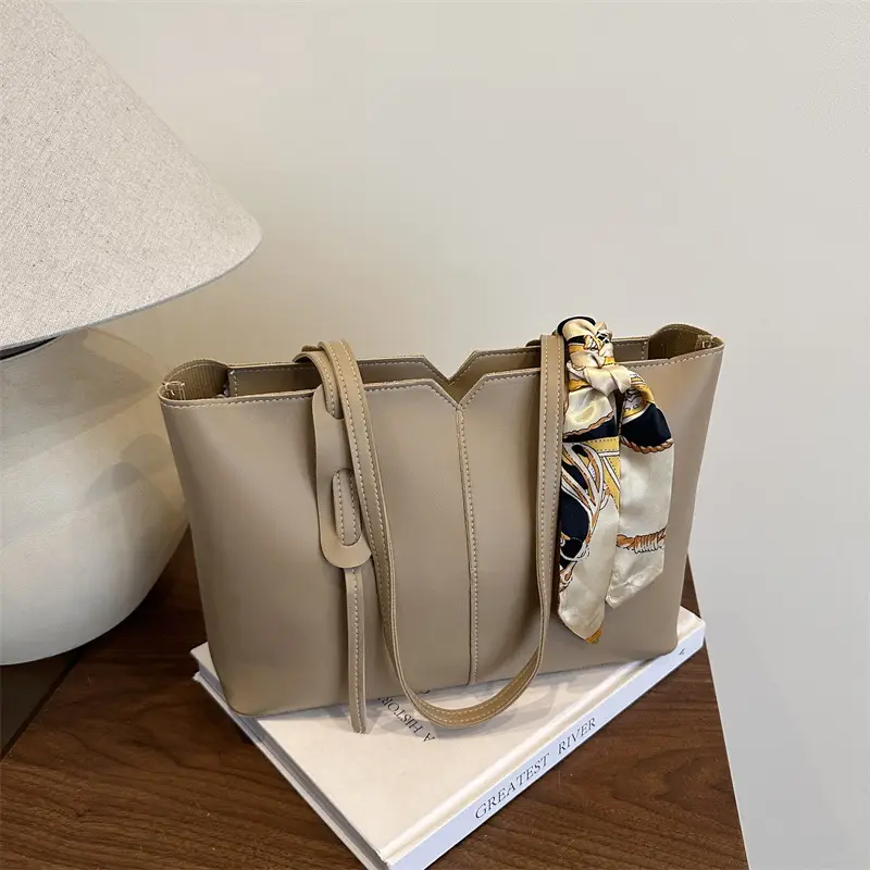 Women Large Capacity Shoulder Bag Beige with Silk Bow