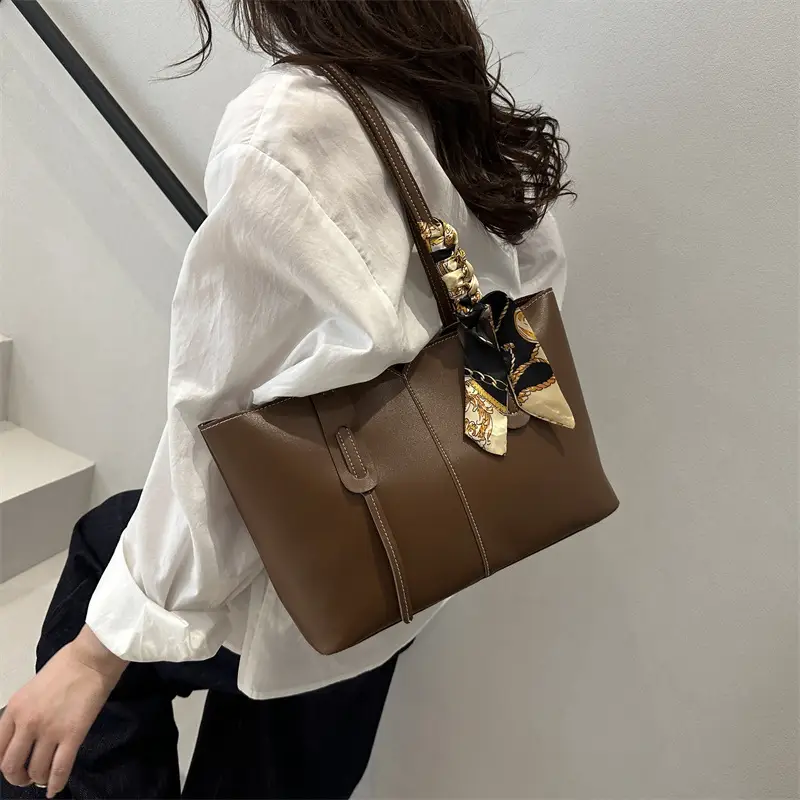 Women Large Capacity Shoulder Bag Beige with Silk Bow