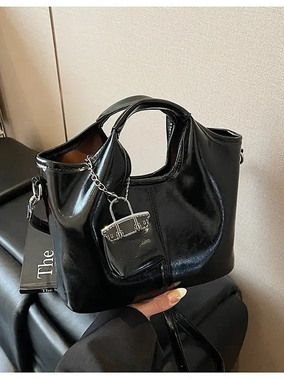 Black Crossbody Tote Bag with Chain for Women