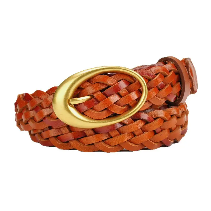 Women's Brown Braided Belt with Gold Buckle - Image 7