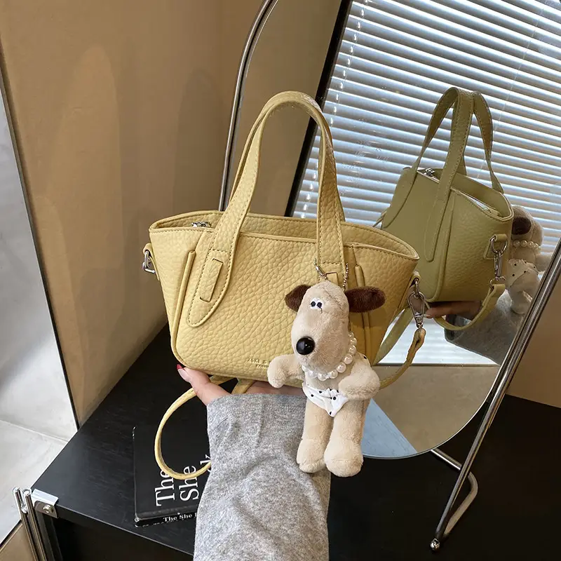 Women's Beige Leather Shoulder Bag with Cute Bear Charm - Image 11