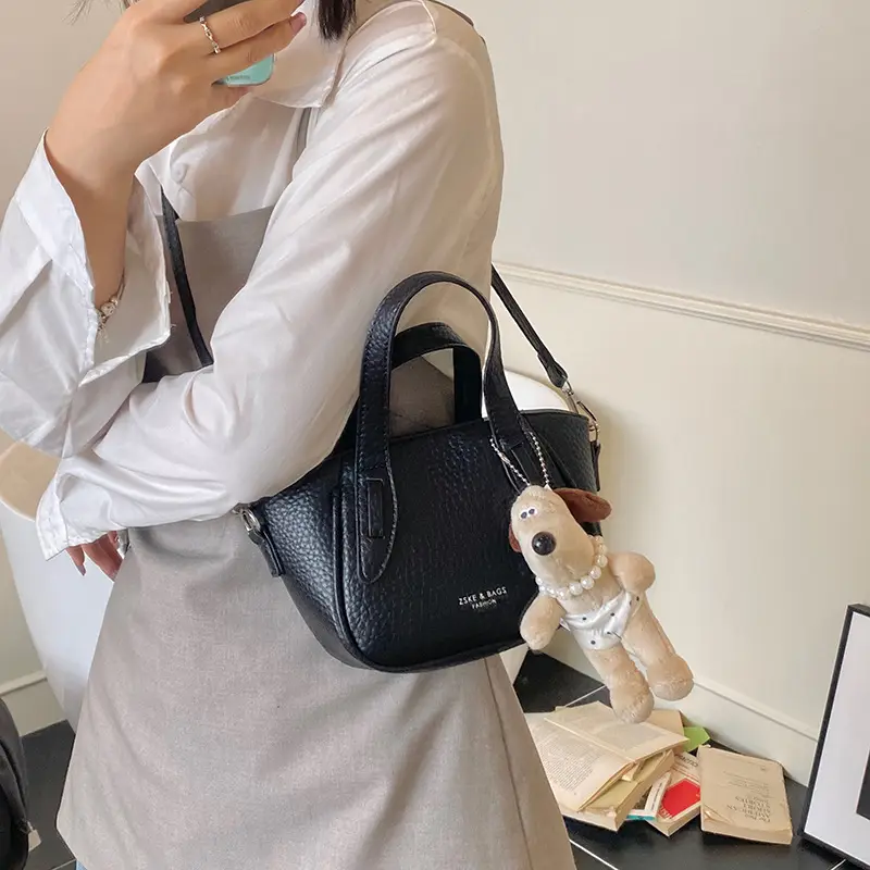 Women's Beige Leather Shoulder Bag with Cute Bear Charm - Image 12
