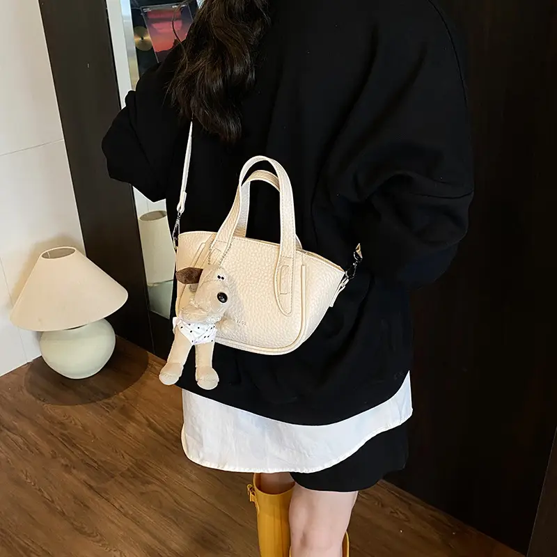 Women's Beige Leather Shoulder Bag with Cute Bear Charm - Image 13