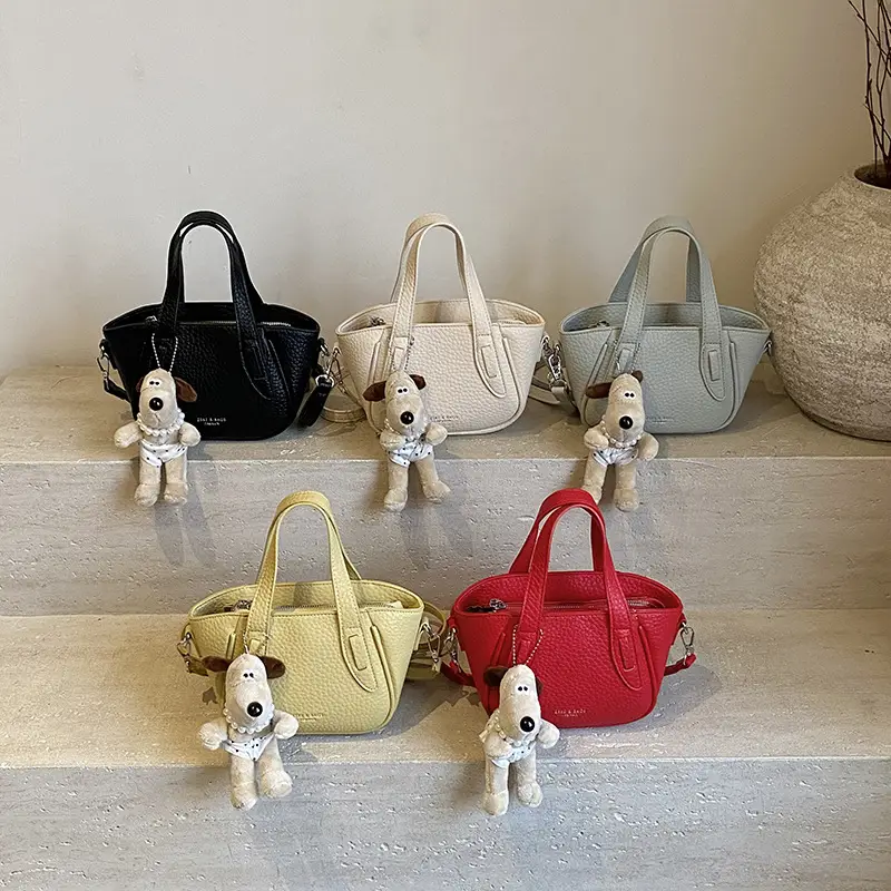 Women's Beige Leather Shoulder Bag with Cute Bear Charm - Image 14
