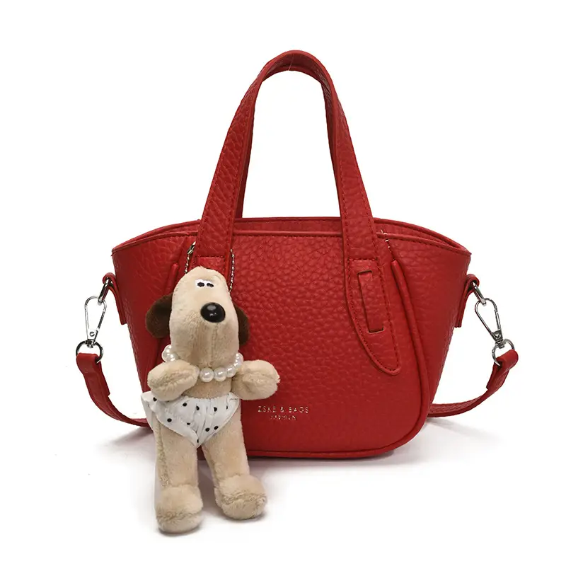 Women's Beige Leather Shoulder Bag with Cute Bear Charm - Image 15