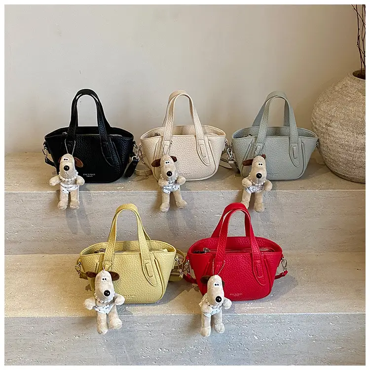 Women's Beige Leather Shoulder Bag with Cute Bear Charm — feature 10